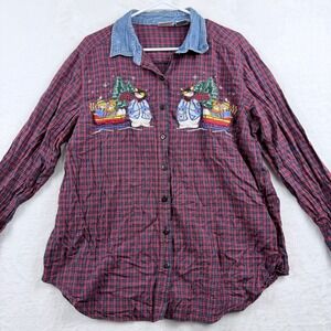 Bobbie Brooks Snowman‎ Plaid Holiday Shirt Denim Collar Christmas Top 14W 16W